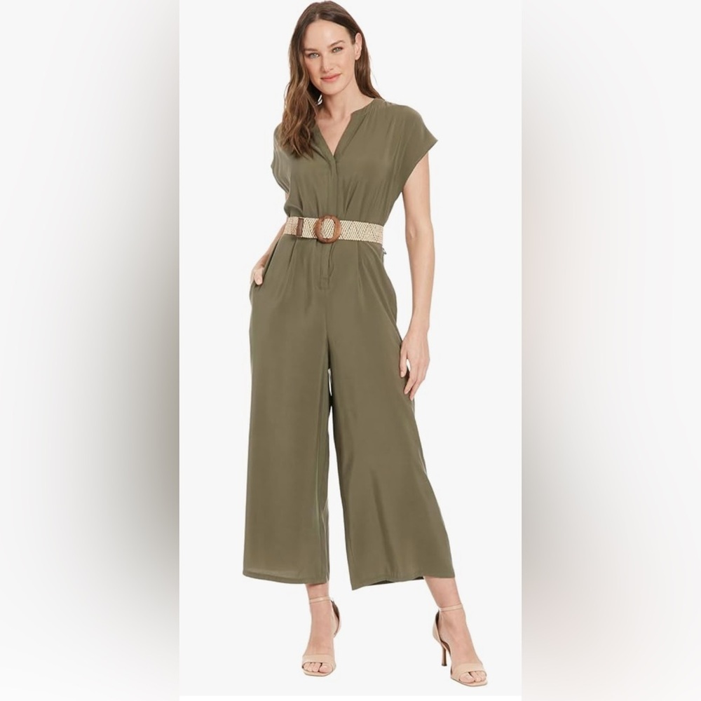 Super Cute London Times Olive Jumpsuit with Tan Belt
Size 16